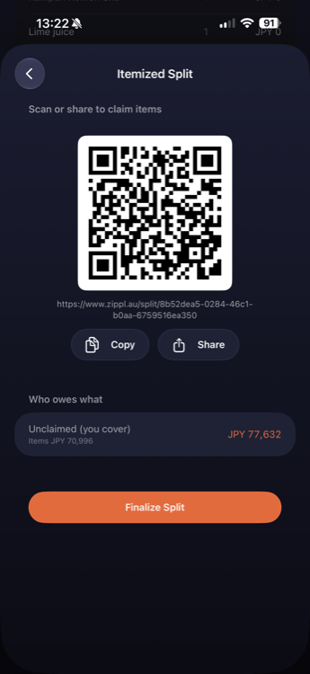 Zippl itemized split — QR code and who owes what