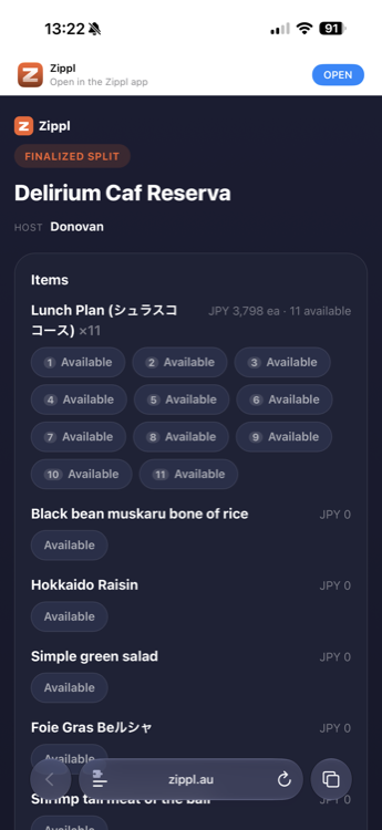 A finalized Zippl split, open in a browser with no app installed